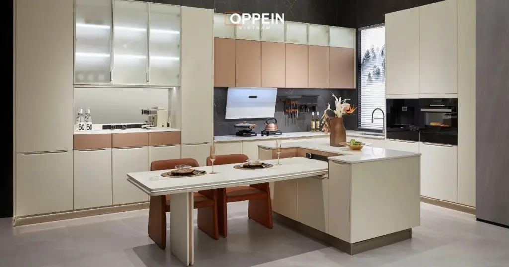 Mẫu tủ bếp cao cấp nhập khẩu chữ L có đảo bếp
