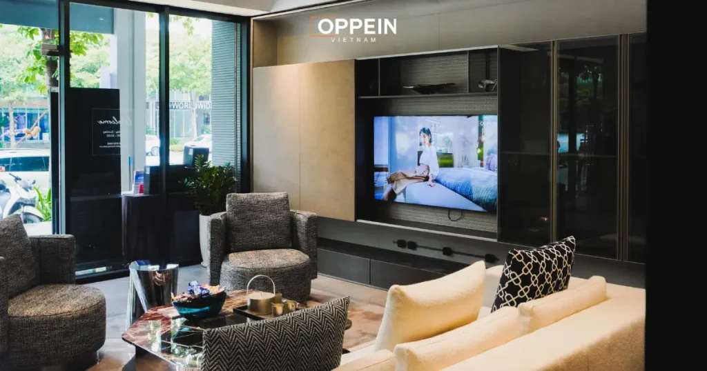 Phòng khách được bố trí đồng bộ với sofa, bàn trà và hệ tủ lưu trữ