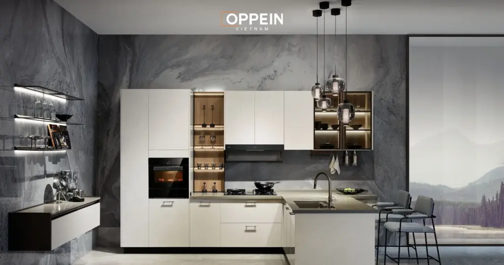 Mẫu tủ bếp chữ L có cửa sổ
