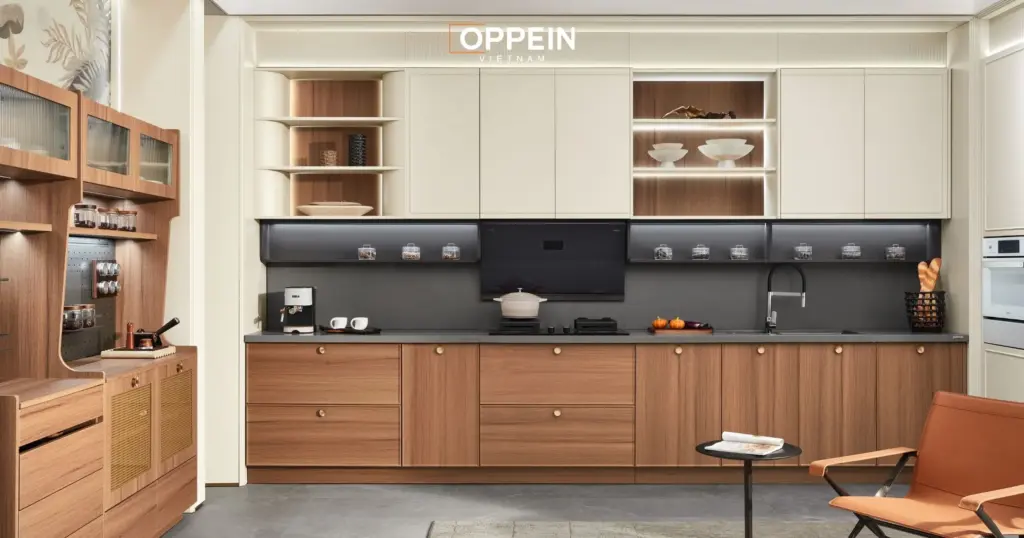 Mẫu tủ bếp chữ L cổ điển
