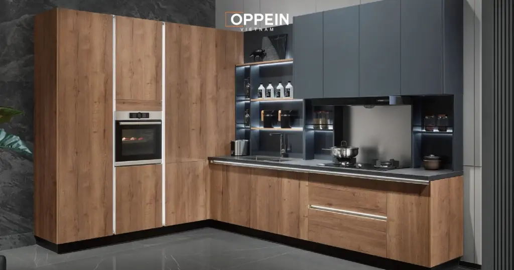 Tủ bếp chữ L gỗ tự nhiên
