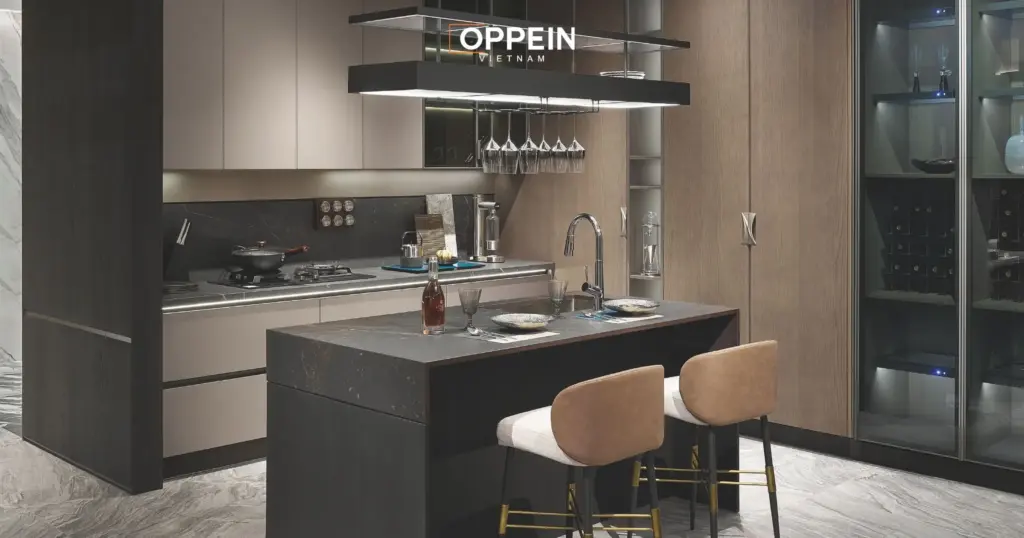 Tủ bếp chữ L hiện đại gỗ công nghiệp
