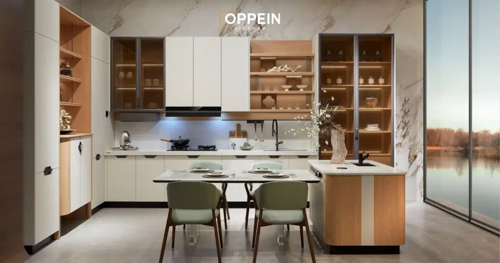 Mẫu tủ bếp chữ L kết hợp tủ trang trí
