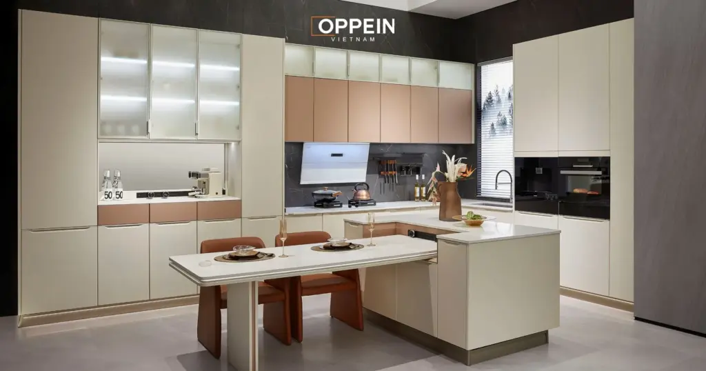 Mẫu tủ bếp chữ L có bàn đảo
