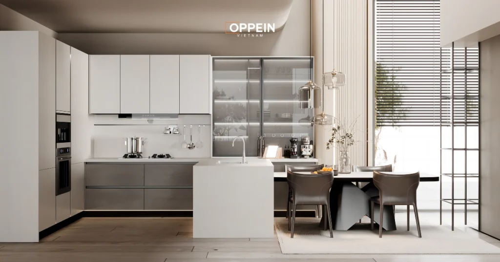 Tủ bếp kết hợp gỗ và Vật liệu nhôm kính