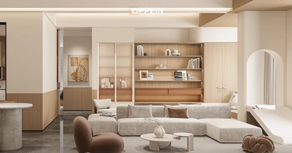 Mẫu thiết kế bố trí nội thất phòng khách Oppein 1