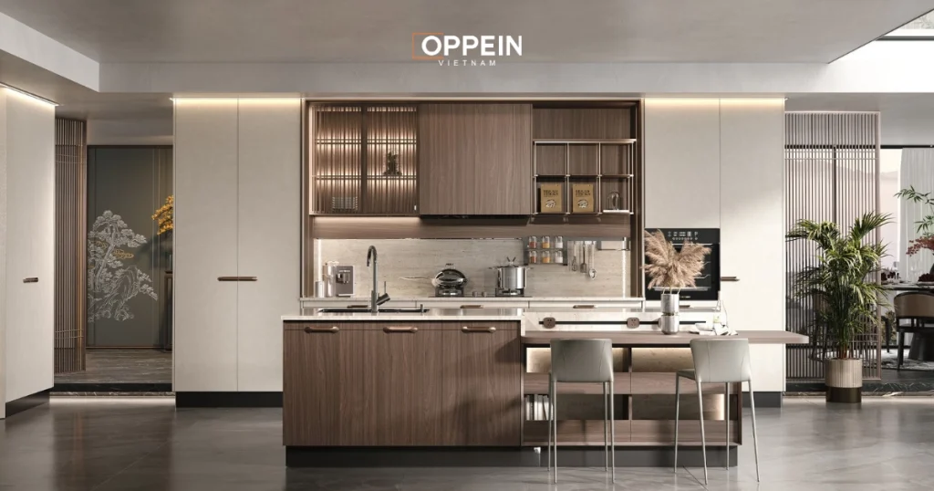 Mẫu tủ bếp 2 tầng kết hợp bàn đảo