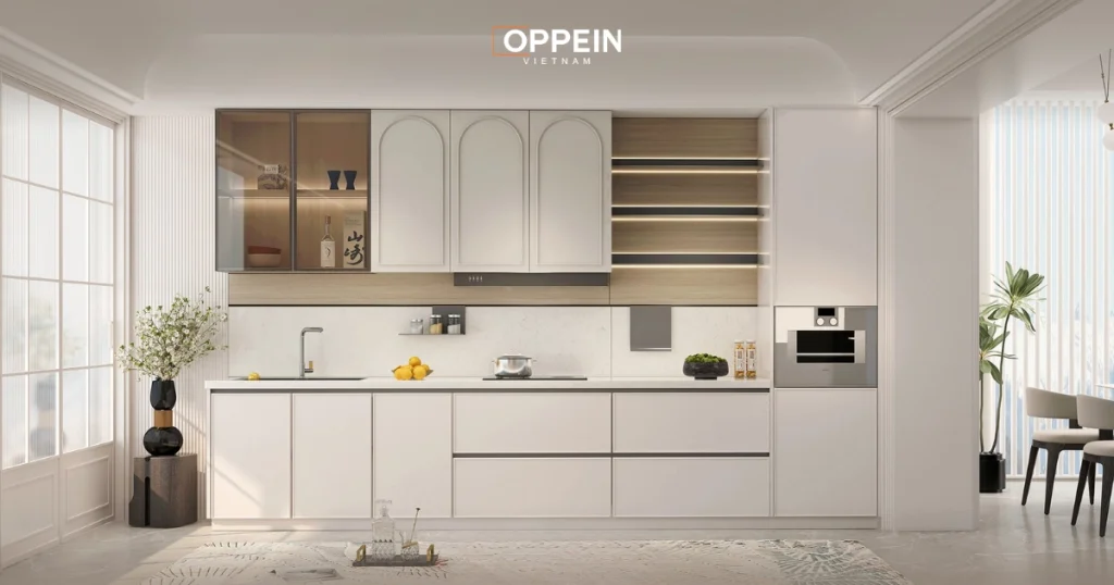 Mẫu thiết kế tủ bếp âm tường tối giản