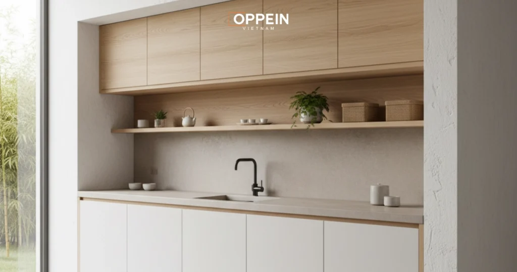 Mẫu tủ bếp âm tường phong cách Japandi