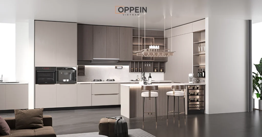 Mẫu tủ bếp âm tường chữ L