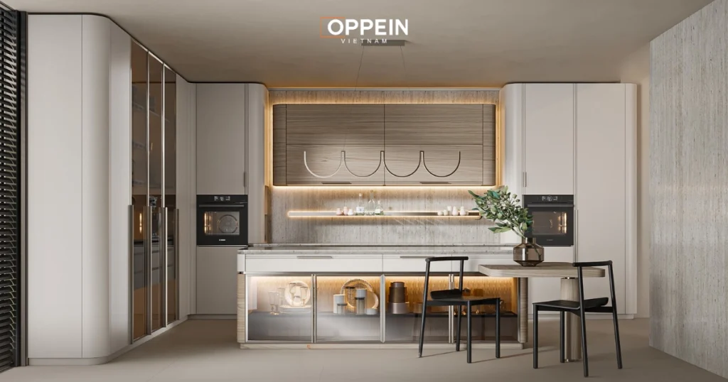 Mẫu tủ bếp chữ L kịch trần có đảo