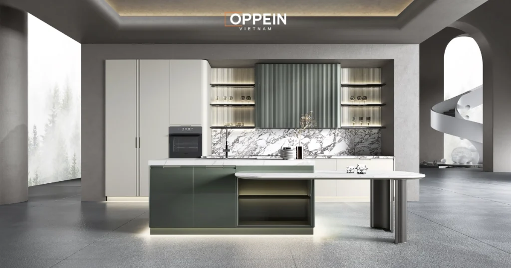 Mẫu tủ bếp chữ I kịch trần có đảo