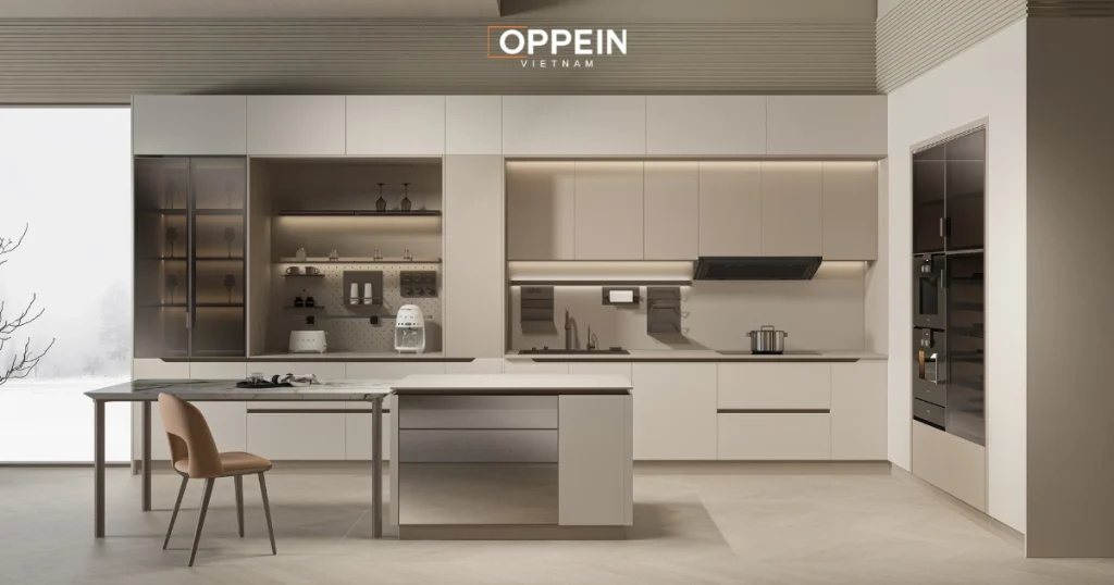 Mẫu tủ bếp treo tường hiện đại kết hợp mặt kính