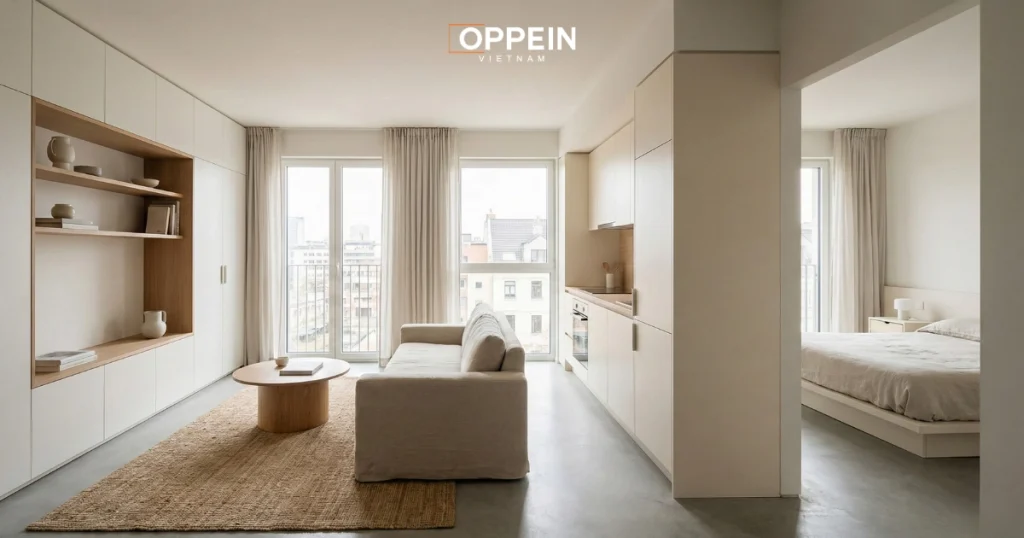 Thiết kế nội thất chung cư tối giản cho căn hộ 1 phòng ngủ