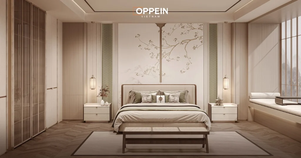 Thiết kế nội thất phòng ngủ cho vợ chồng mới cưới phong cách Á Đông truyền thống