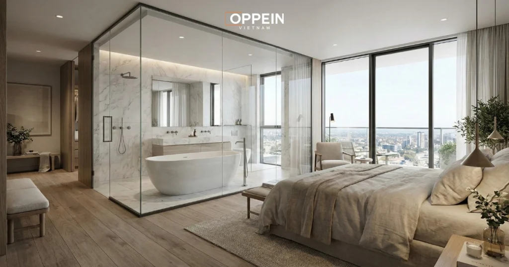 Thiết kế phòng ngủ master có phòng tắm kính
