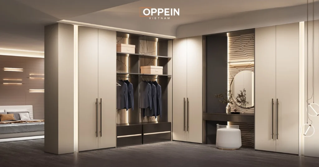 Tủ quần áo góc tường kết hợp bàn làm việc/bàn trang điểm