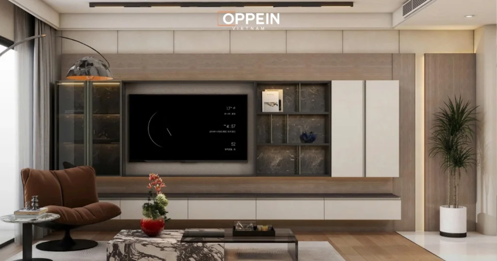 Phòng khách được tổ chức theo trục ngang giúp không gian rộng và cân bằng hơn