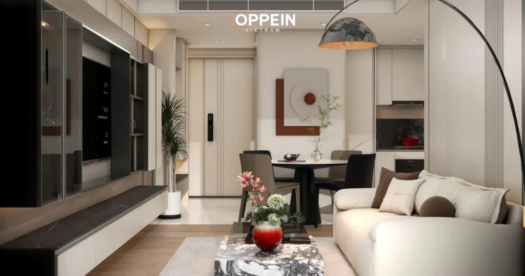 Phòng khách giữ tinh thần tối giản với ít chi tiết rời