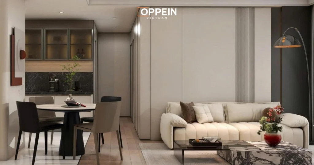 Không gian sinh hoạt chung được thiết kế theo hướng liên thông phòng khách và phòng bếp