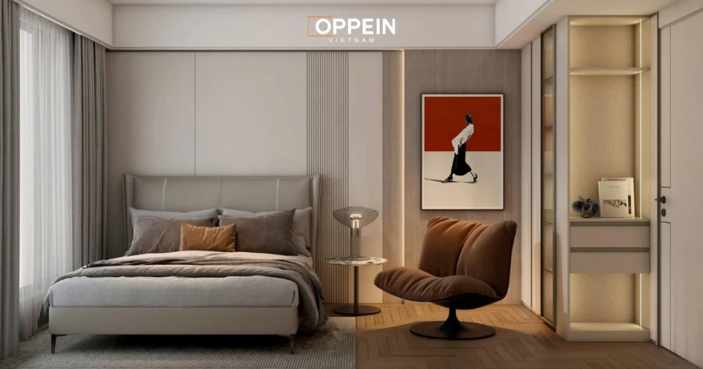 Hệ giường bọc nệm tông trung tính kết hợp mảng ốp đầu giường chạy dài, giúp bố cục vững và cân xứng