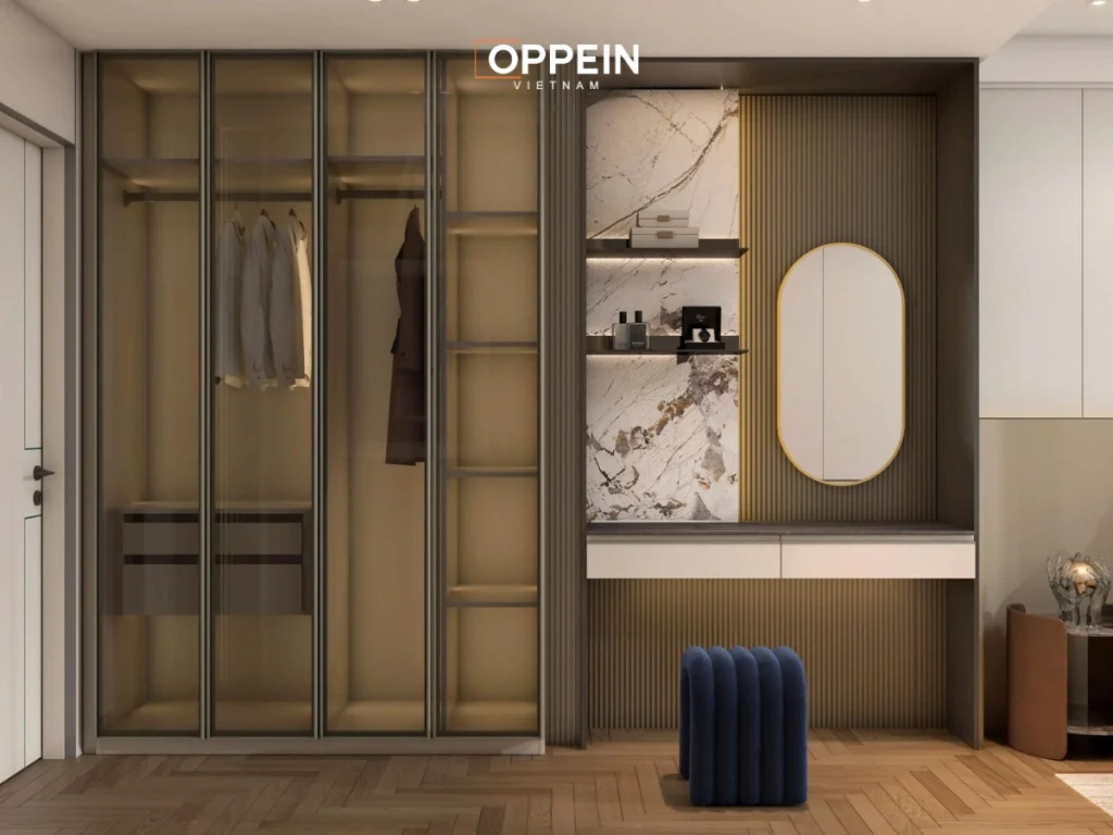 Hệ tủ quần áo âm tường kết hợp đèn hắt