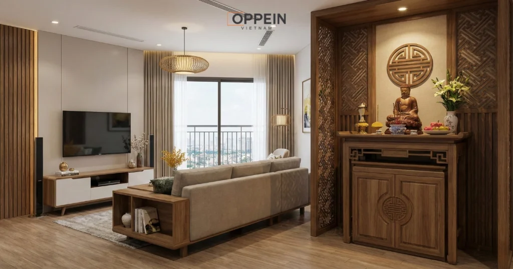 Thiết kế phòng khách căn hộ chung cư kết hợp khu vực thờ cúng