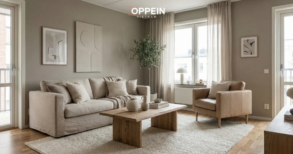 Phối màu trung tính trong thiết kế phòng khách chung cư