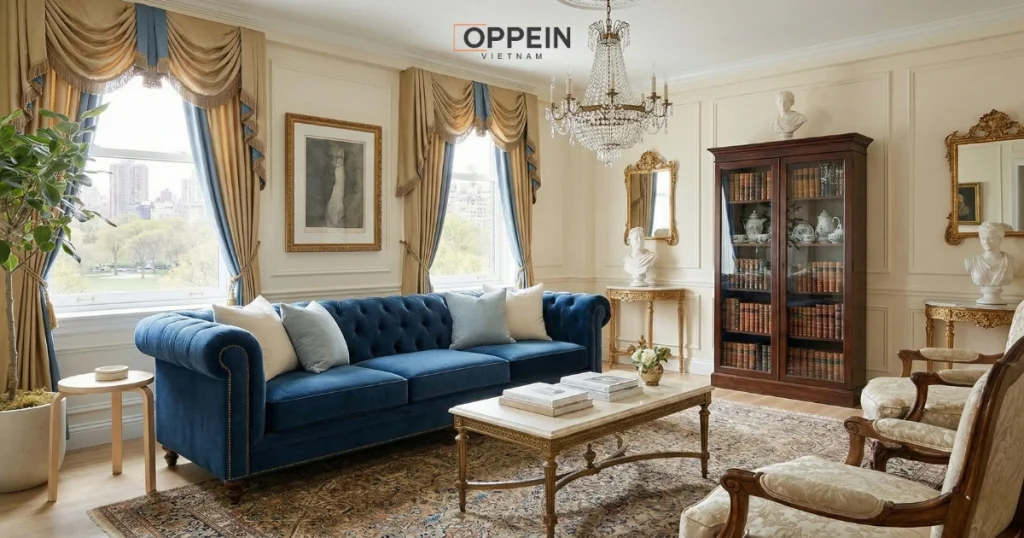 Mẫu thiết kế phòng khách chung cư phong cách tân cổ điển