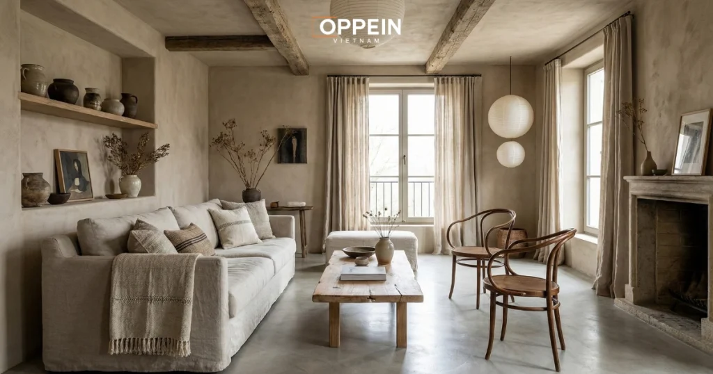 Mẫu thiết kế phòng khách chung cư phong cách Wabi Sabi