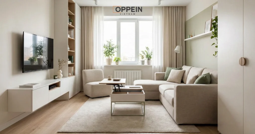 Mẫu thiết kế phòng khách chung cư đẹp diện tích 17m²