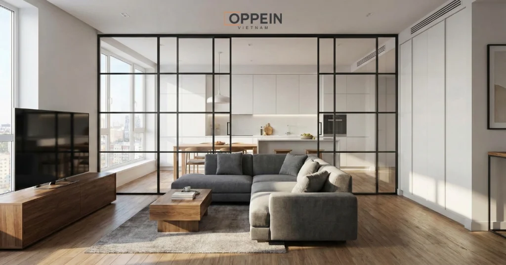 Phân tách khu vực bằng vách kính hiện đại