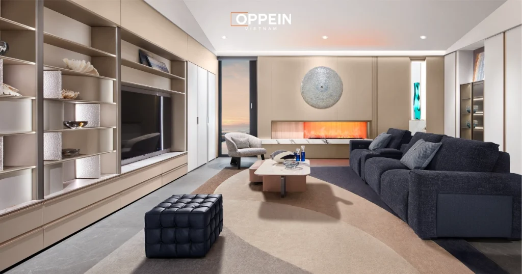 Trang trí phòng khách chung cư với hệ tủ, kệ âm tường