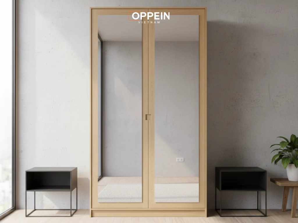 Mẫu tủ quần áo 2 cánh tích hợp gương soi