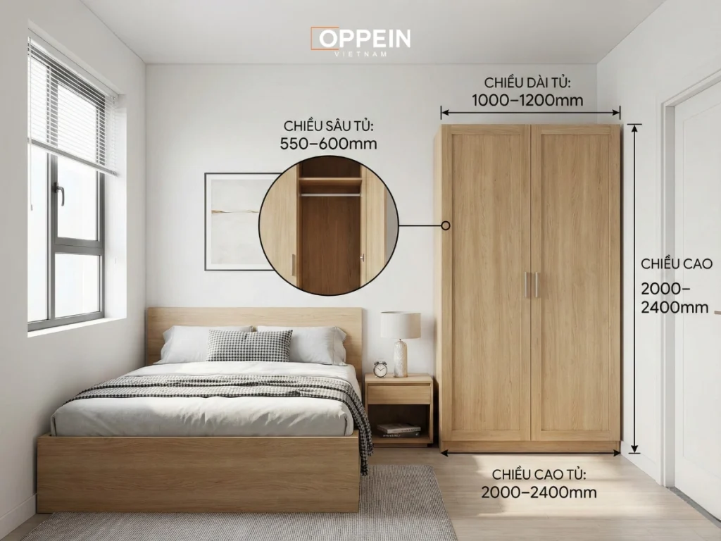 Kích thước thông dụng của tủ quần áo 2 cánh hiện nay