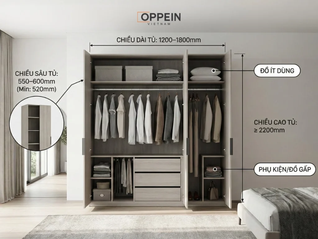 Kích thước tiêu chuẩn của tủ quần áo 3 cánh
