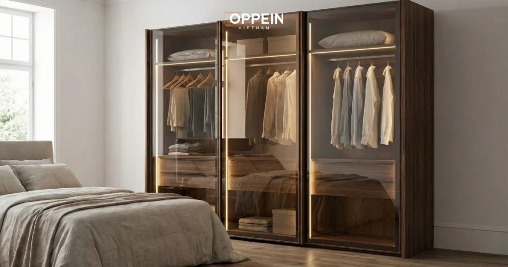 Mẫu tủ quần áo 3 cánh sử dụng cánh kính