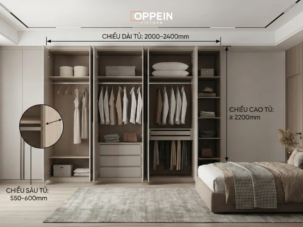Kích thước tiêu chuẩn của tủ quần áo 4 cánh