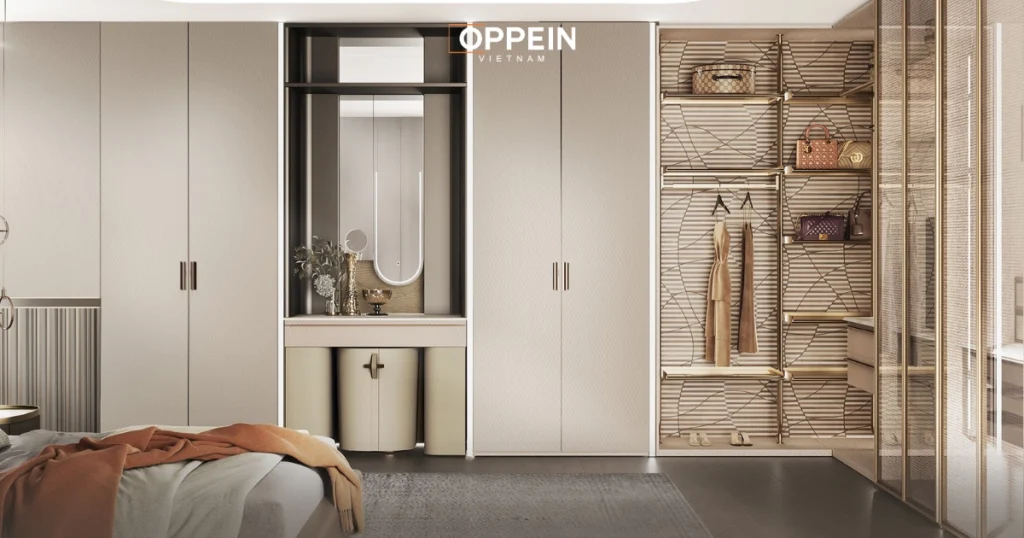 Mẫu tủ quần áo 4 cánh dạng âm tường