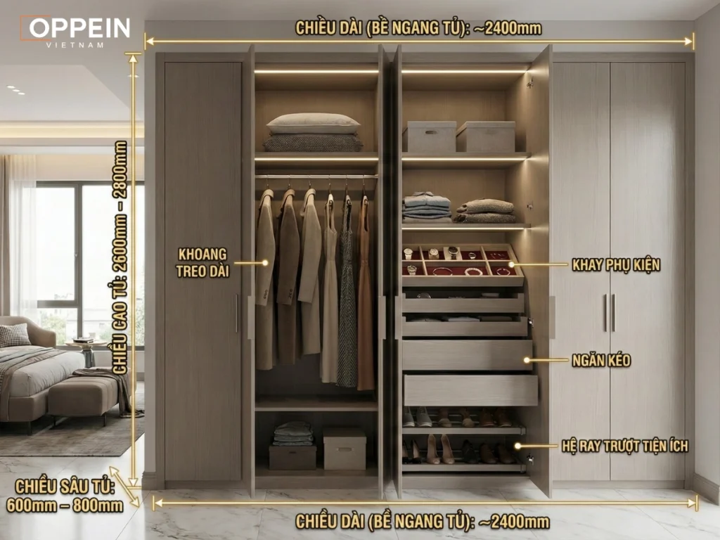 Kích thước chuẩn áp dụng cho tủ quần áo 5 cánh