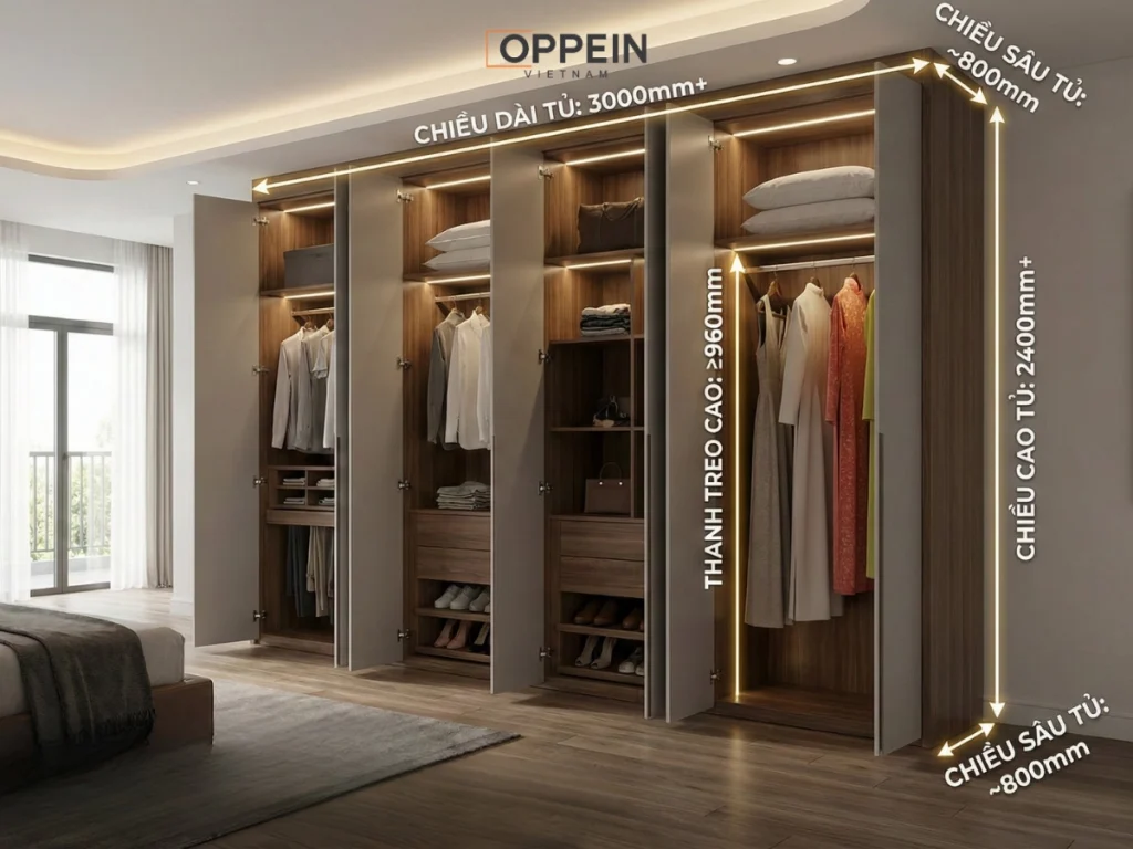 Kích thước tủ quần áo 6 cánh tiêu chuẩn