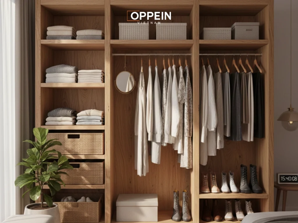 Mẫu tủ quần áo gỗ tự nhiên không cánh