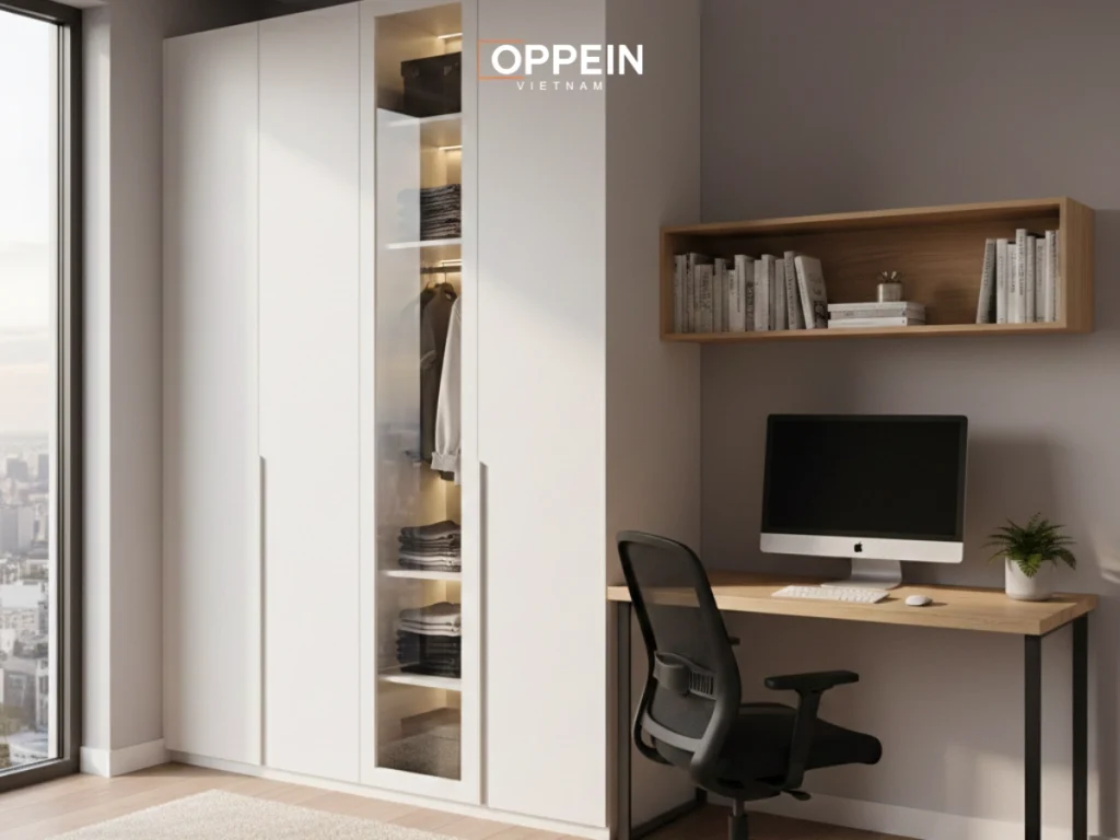 Tủ quần áo gỗ công nghiệp kết hợp bàn làm việc
