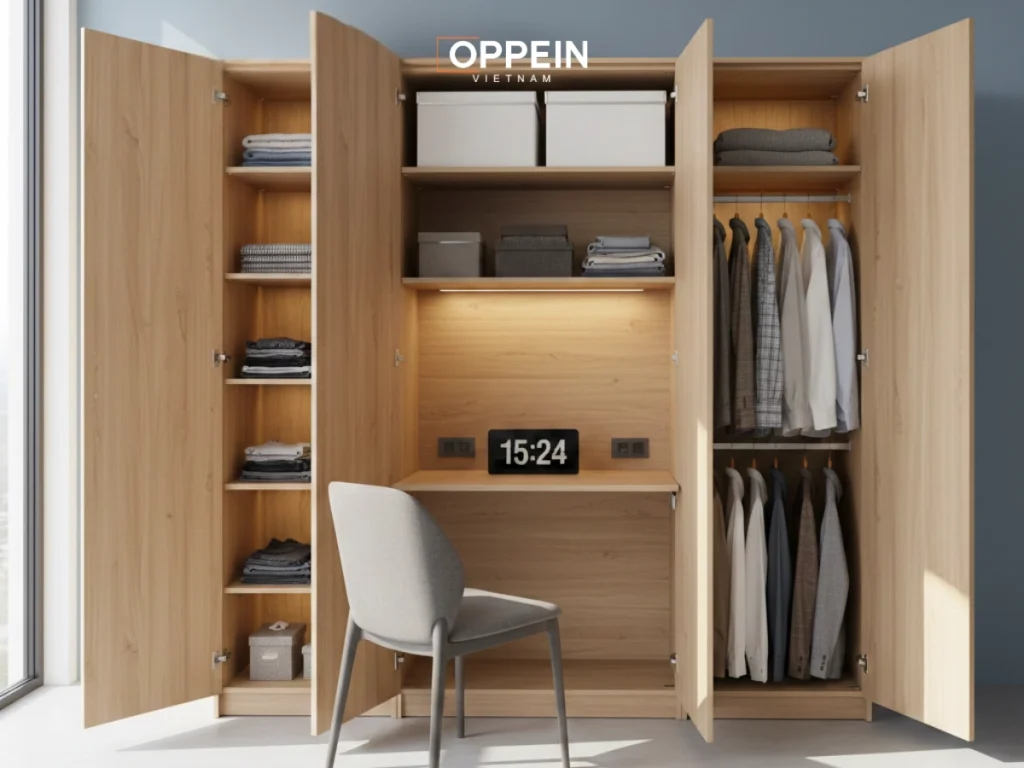 Mẫu tủ quần áo cánh mở tích hợp bàn làm việc
