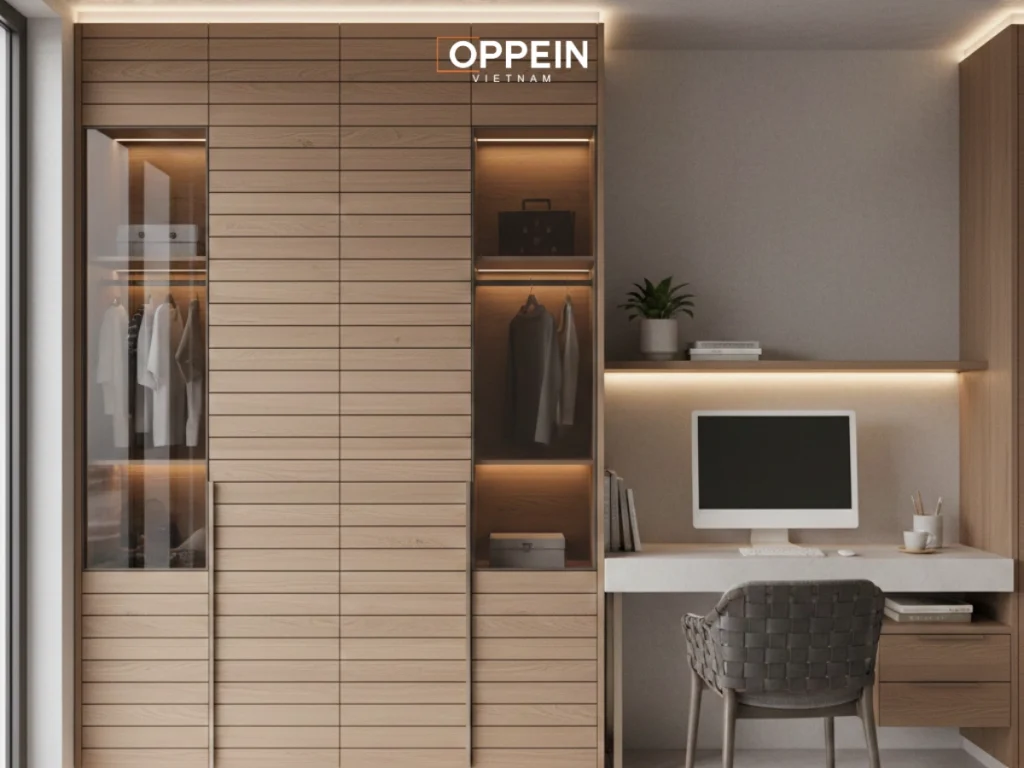 Mẫu tủ quần áo âm tường kết hợp bàn làm việc
