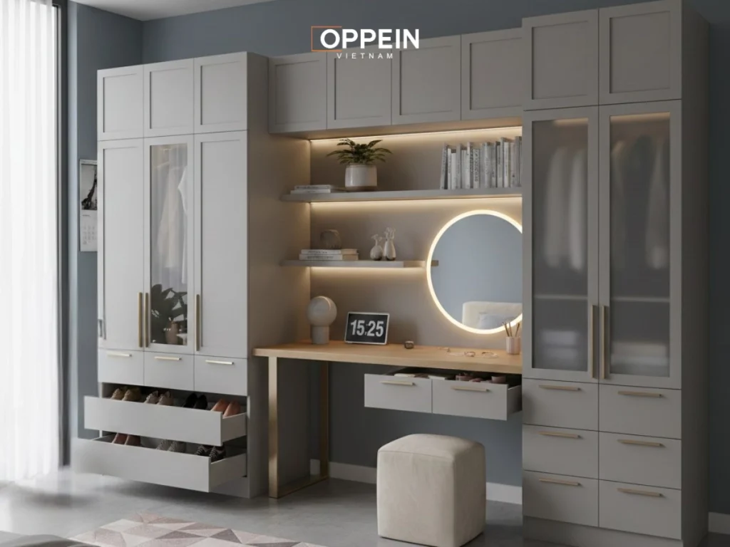 Mẫu tủ quần áo tích hợp bàn làm việc và bàn trang điểm
