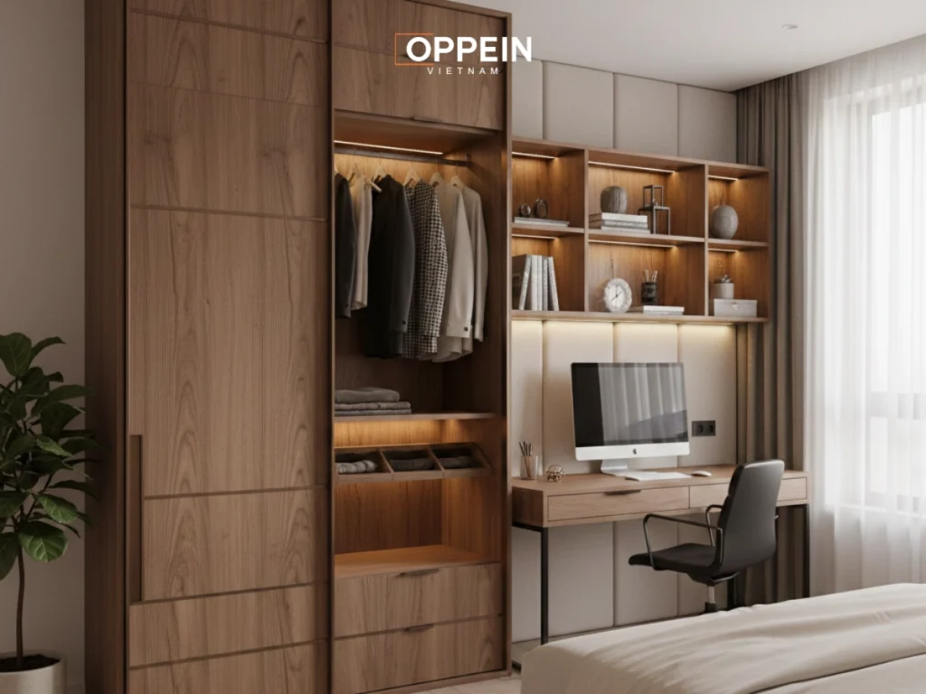 Mẫu tủ quần áo tích hợp bàn làm việc và giường ngủ

