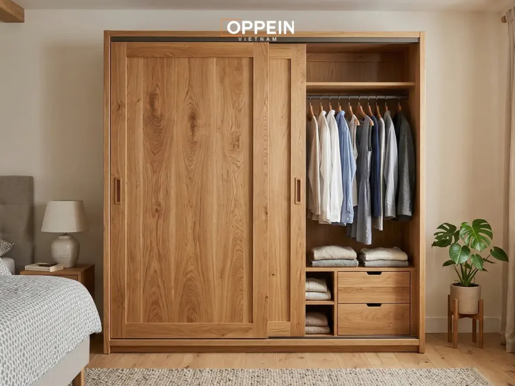 Tủ quần áo cửa lùa 1m6 gỗ tự nhiên
