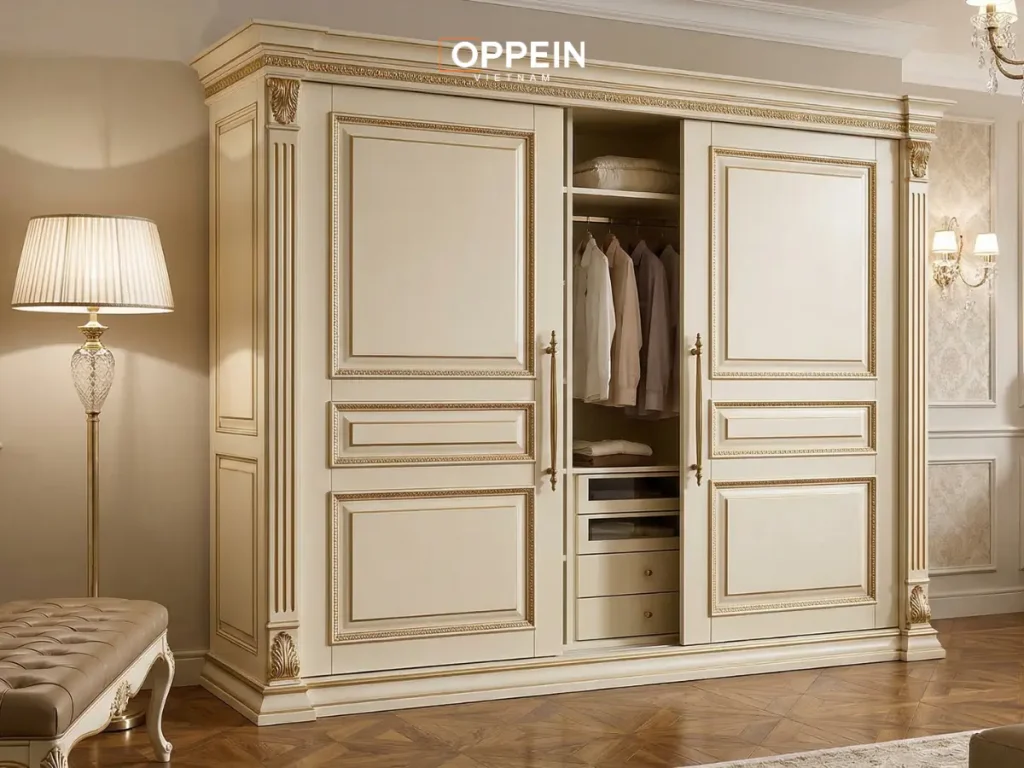 Tủ quần áo cửa lùa 1m6 phong cách tân cổ điển sang trọng
