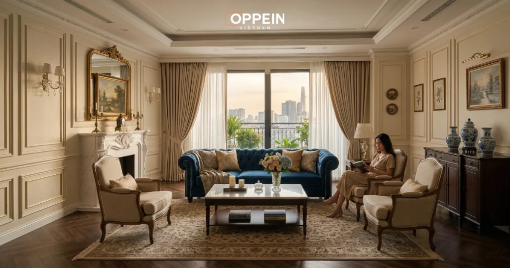 Mẫu trang trí phòng khách theo phong cách tân cổ điển